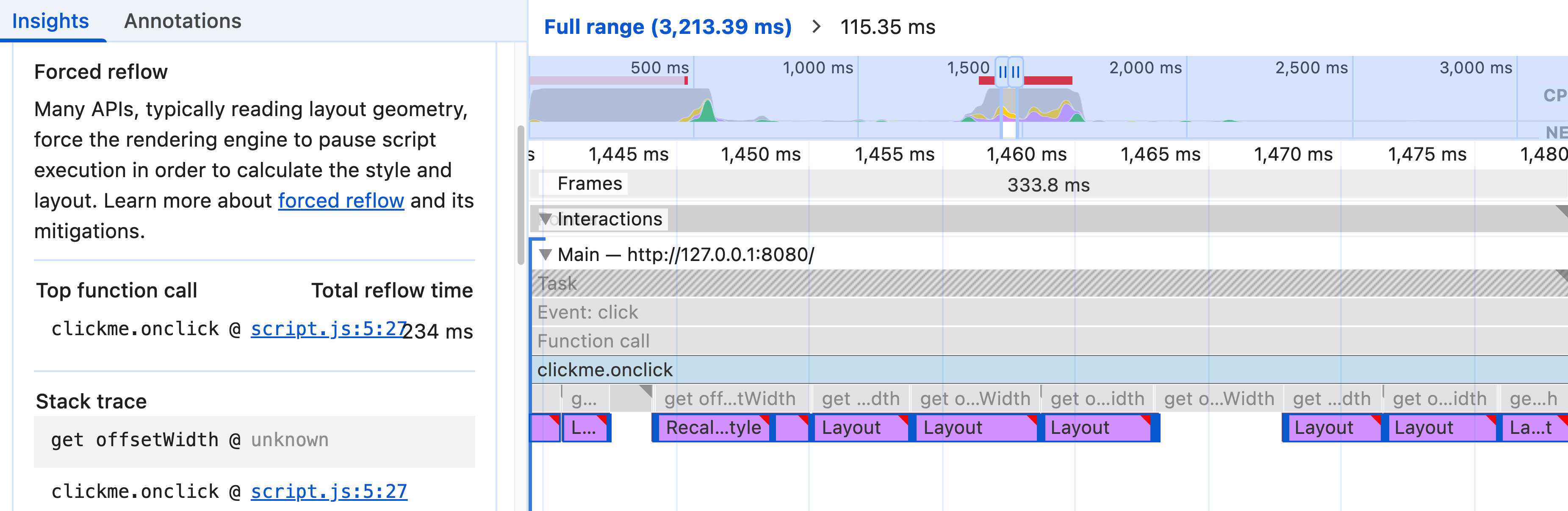 Forced reflow insight in the Performance panel