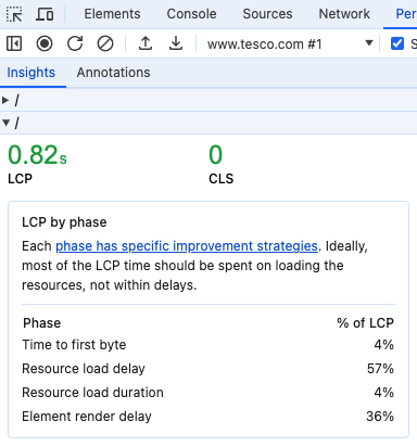 LCP by phase in DevTools