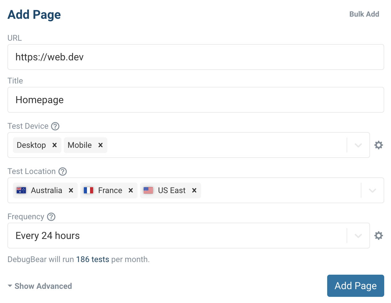 Web performance monitoring setup UI