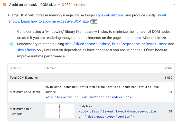 Excessive DOM Size In React