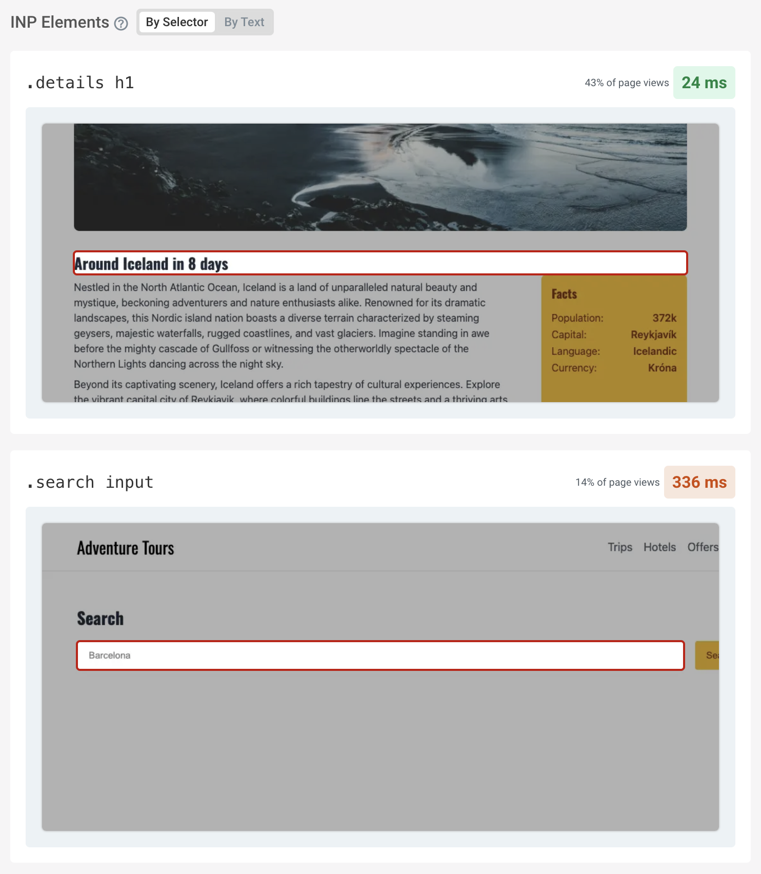 Page elements responsible for the Interaction to Next Paint