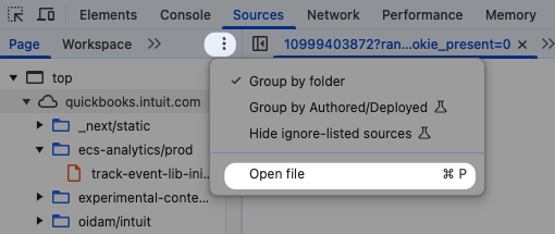 Opening the Open file option in Chrome DevTools