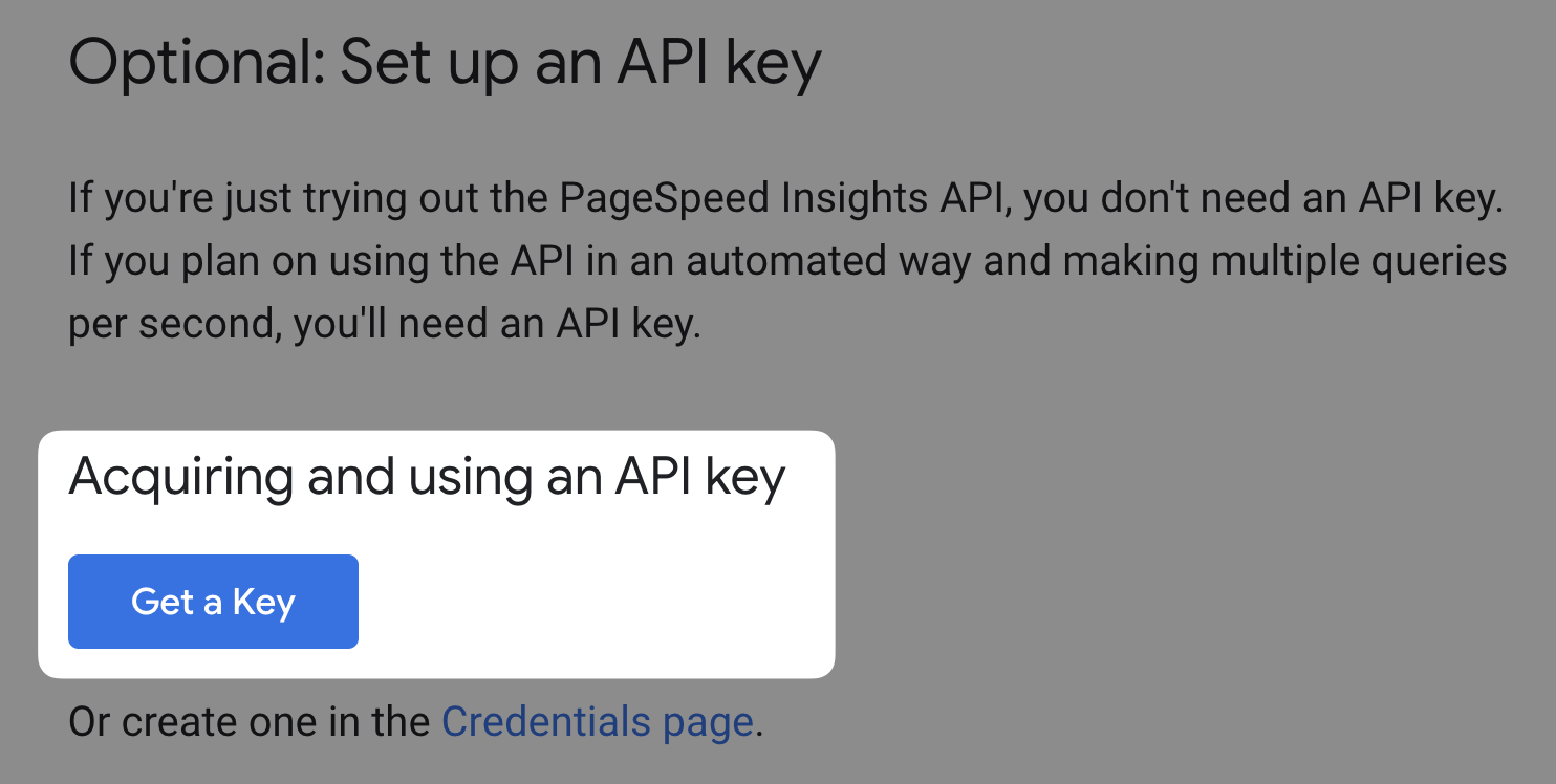 PageSpeed Insights Get a key button