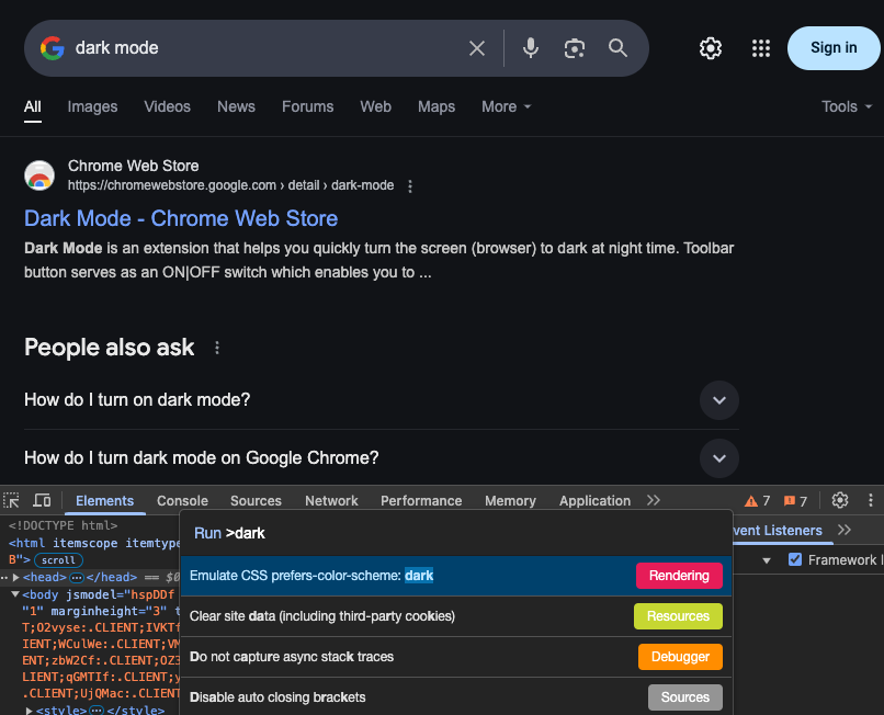 Dark mode in Chrome DevTools