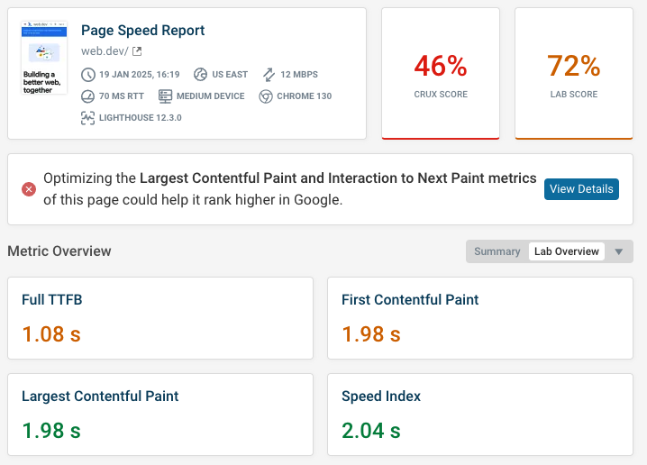 Page speed result summary