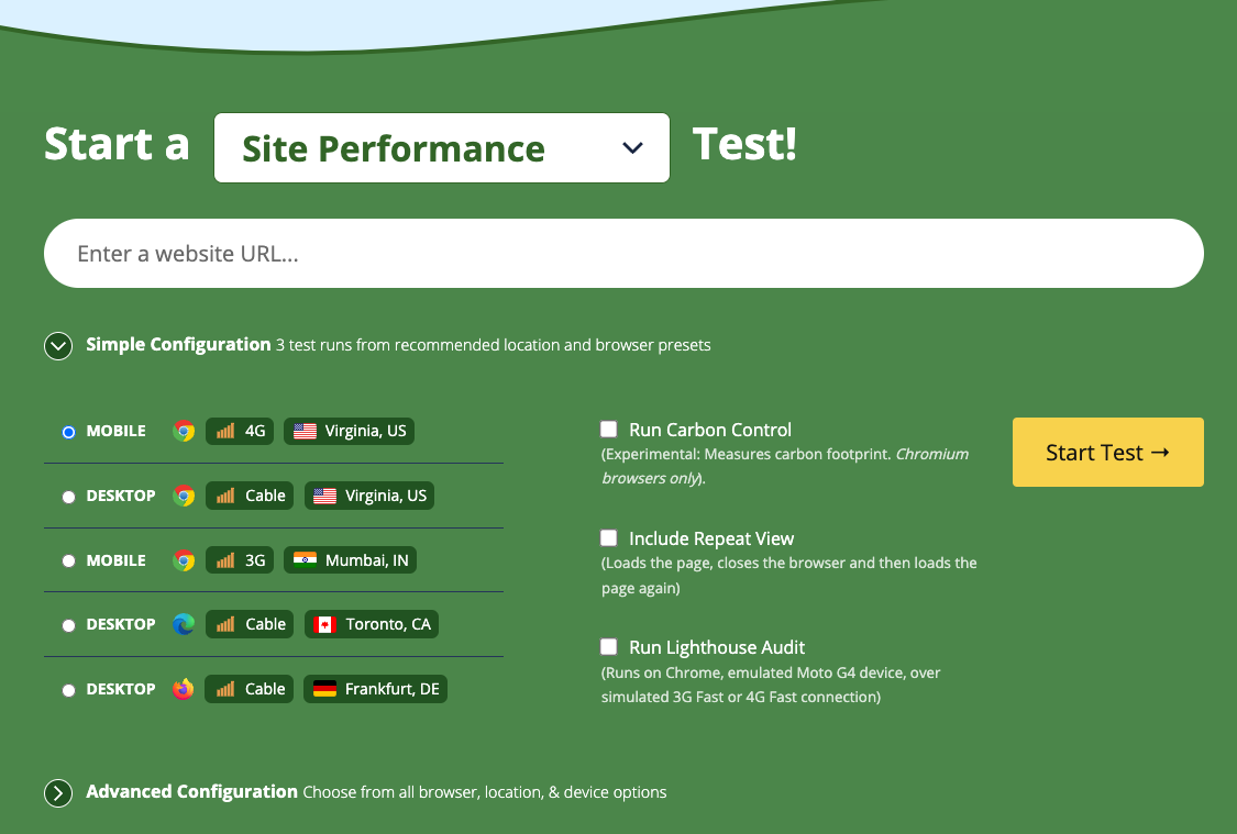 WebPageTest landing page