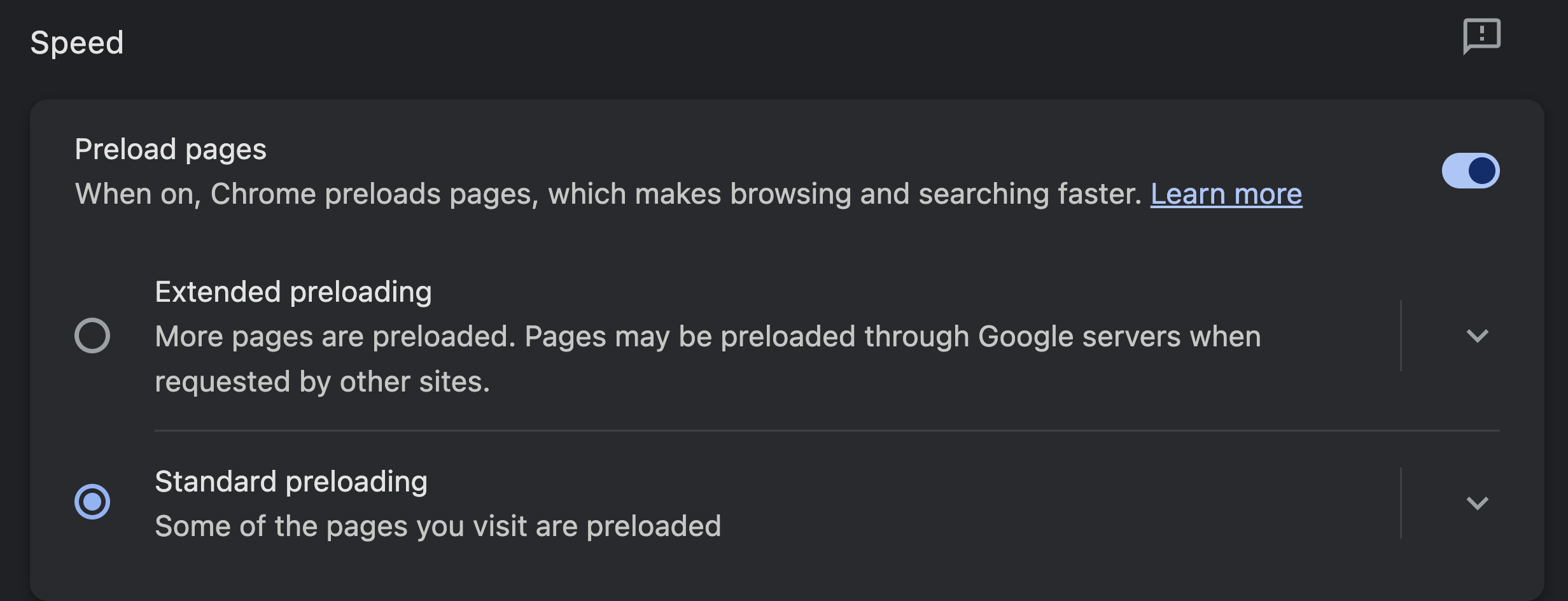 Enable Preload pages setting in Chrome