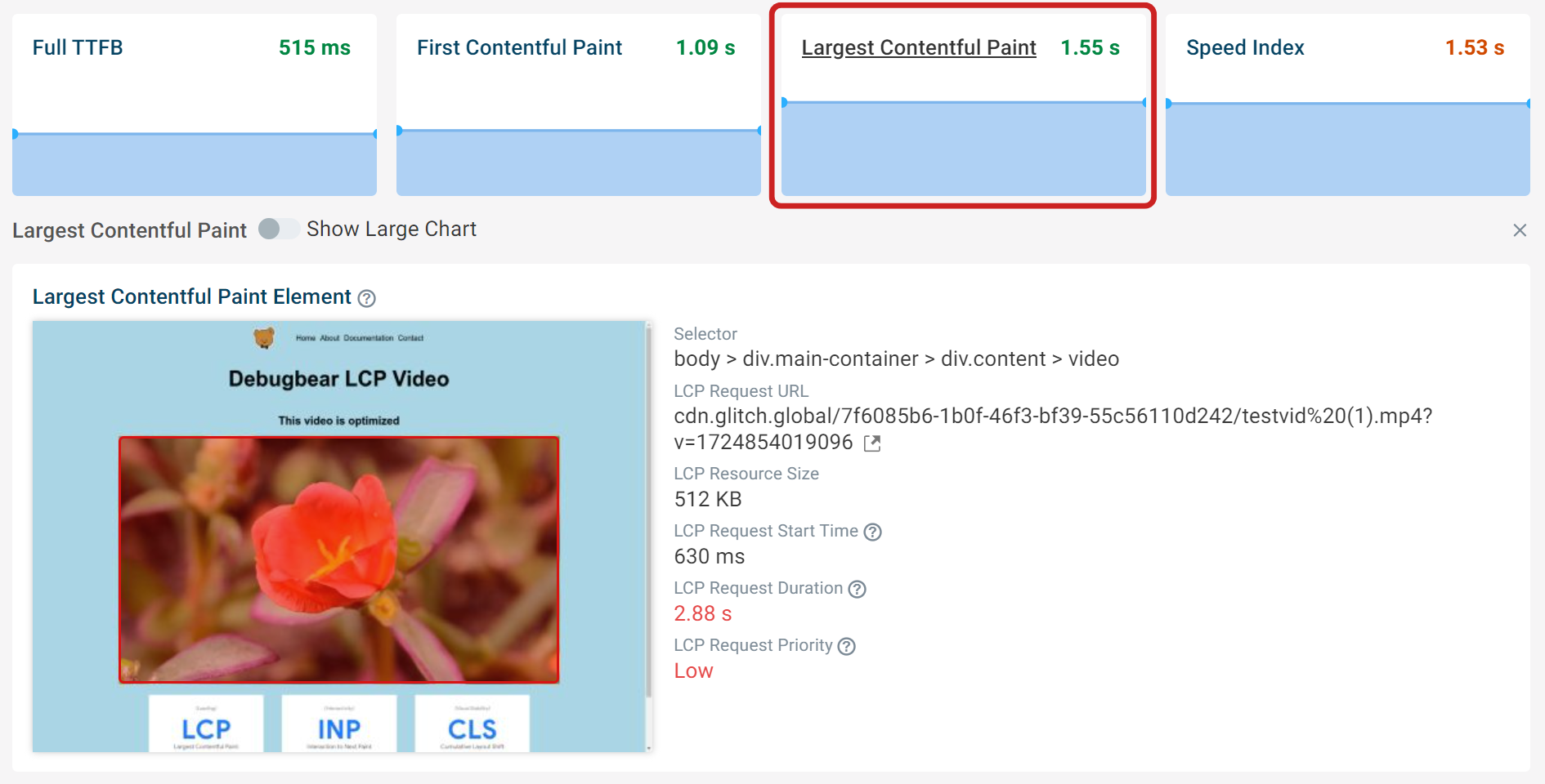 Demo page with an LCP score of 1.55 seconds