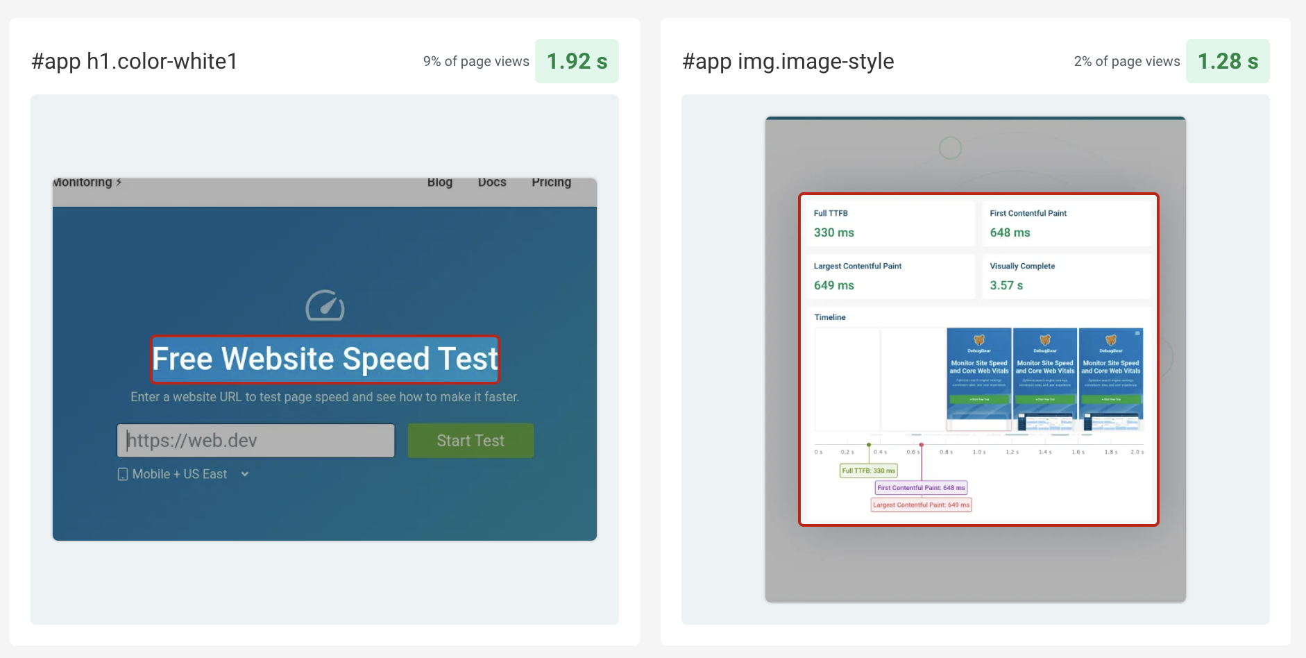 RUM dashboard with screenshots of LCP elements