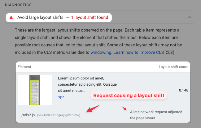 Lighthouse audit showing a layout shift caused by a late network request