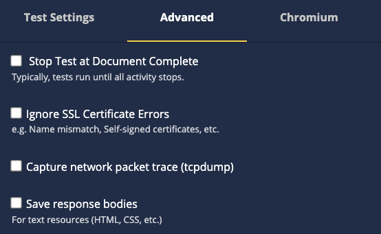 Extra advanced WebPageTest settings