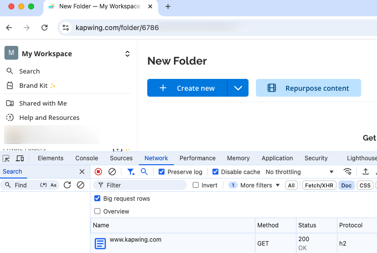 Kapwing page with just one document request in the network tab