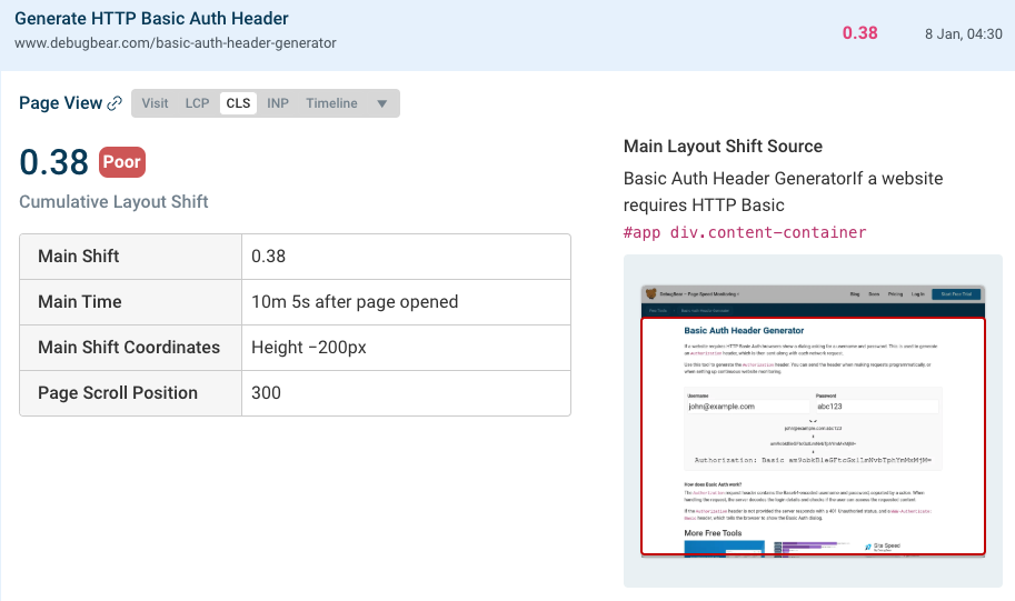 DebugBear CLS details