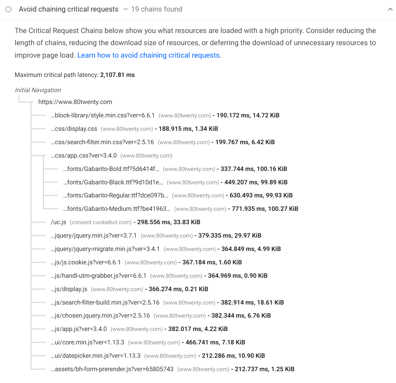 Critical request chain highlighted in Lighthouse report