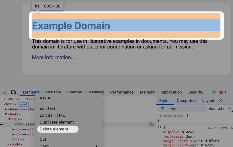 Delete element in Chrome DevTools