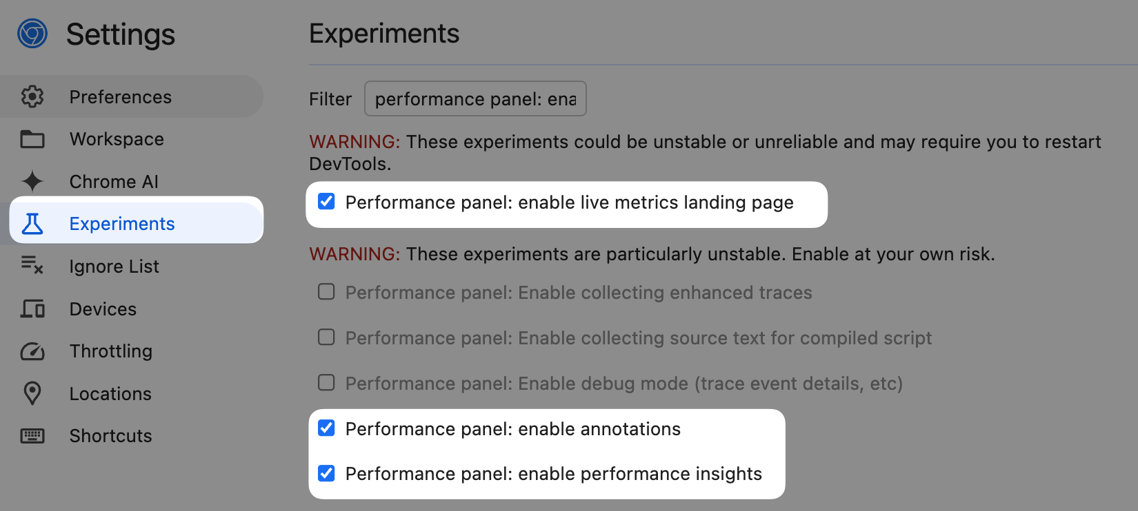 Enabling DevTools Experiments