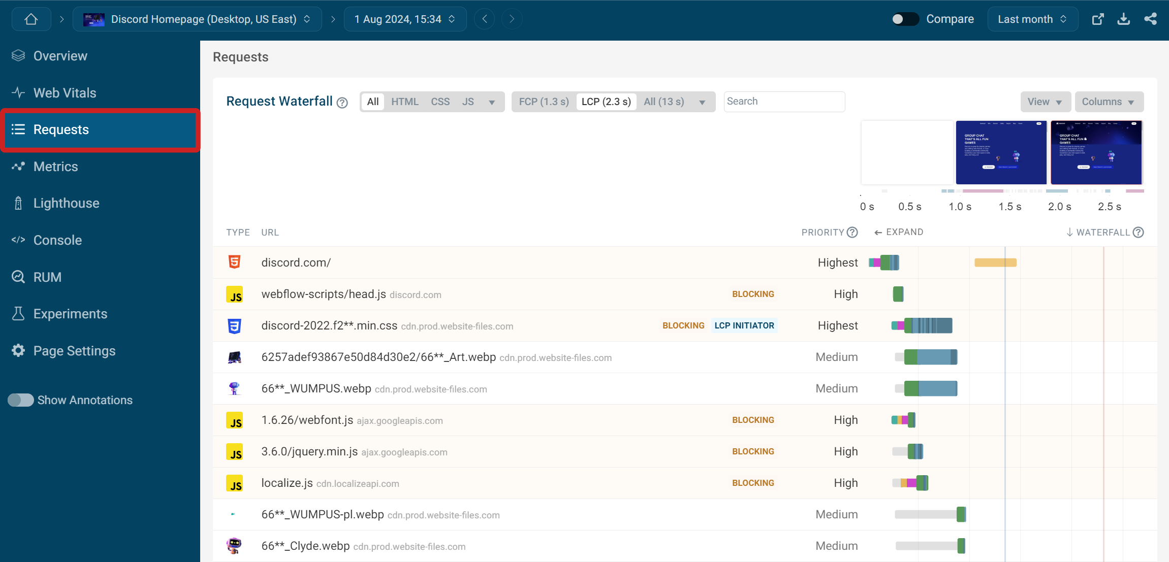 Request waterfall in the DebugBear speed test