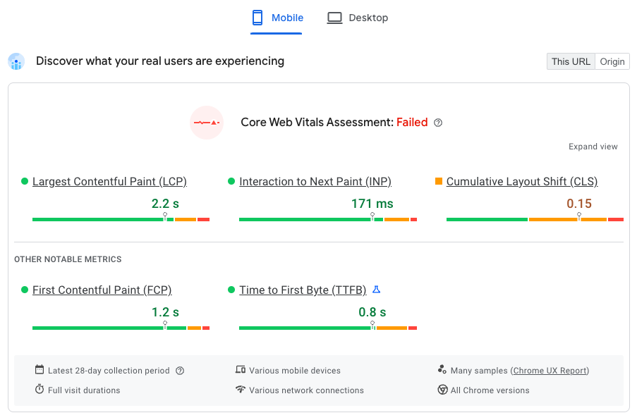 PageSpeed Insights real user data