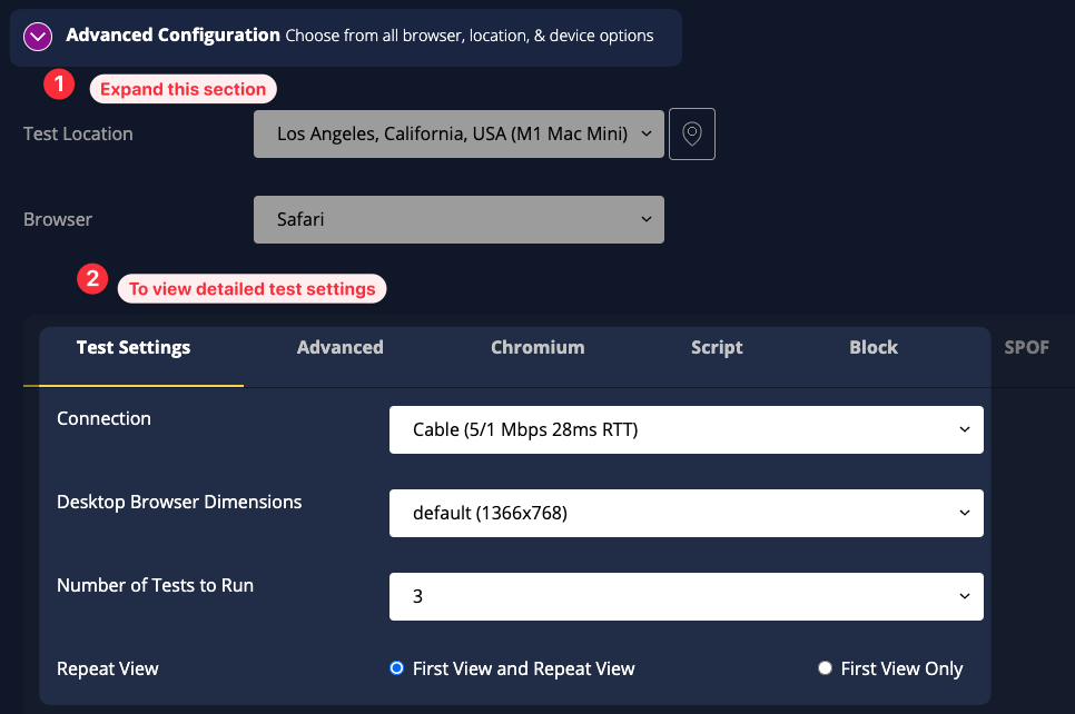 Advanced webpagetest settings