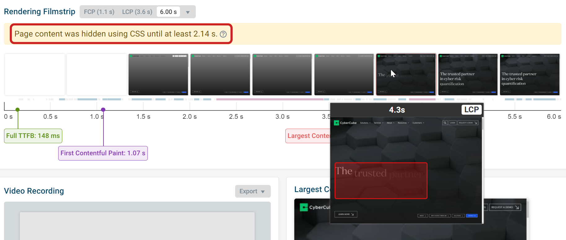 CSS에 의해 차단된 콘텐츠를 보여주는 DebugBear 알림