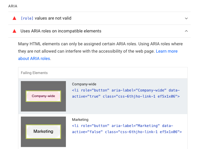 Automated accessibility test result