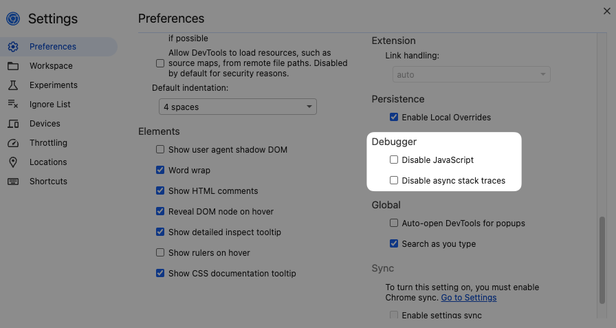 Chrome DevTools settings