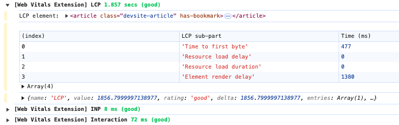 DevTools console web vitals data