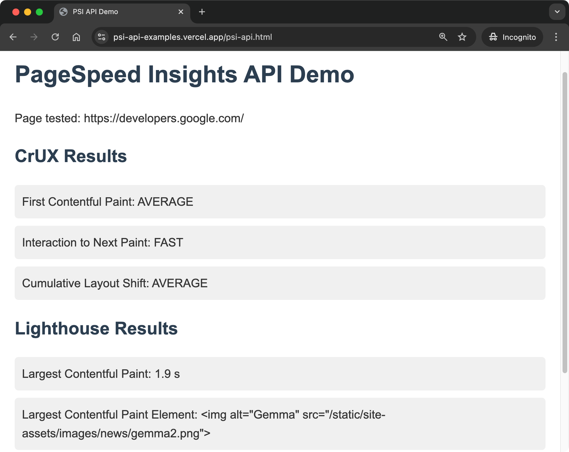 PSI API in browser