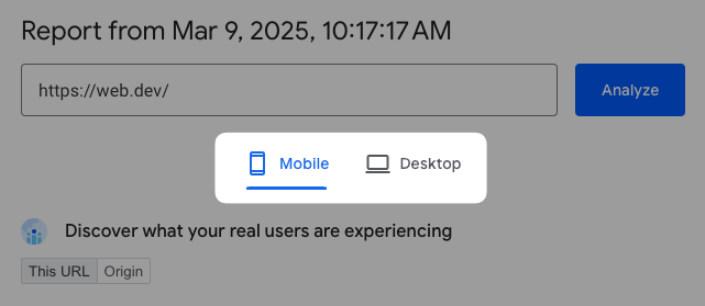 PageSpeed Insights mobile vs. desktop selector