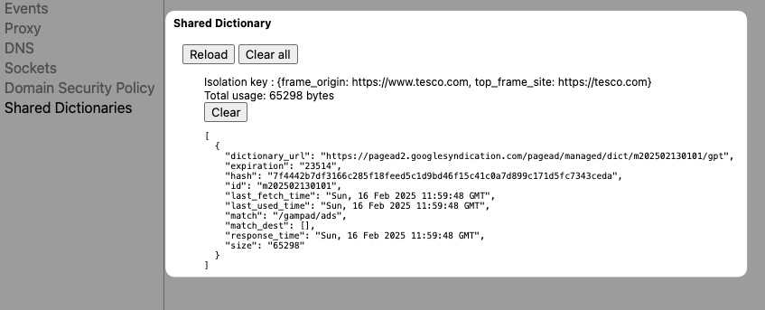 Shared compression dictionaries in net internals