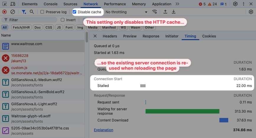 DevTools showing no server connection time