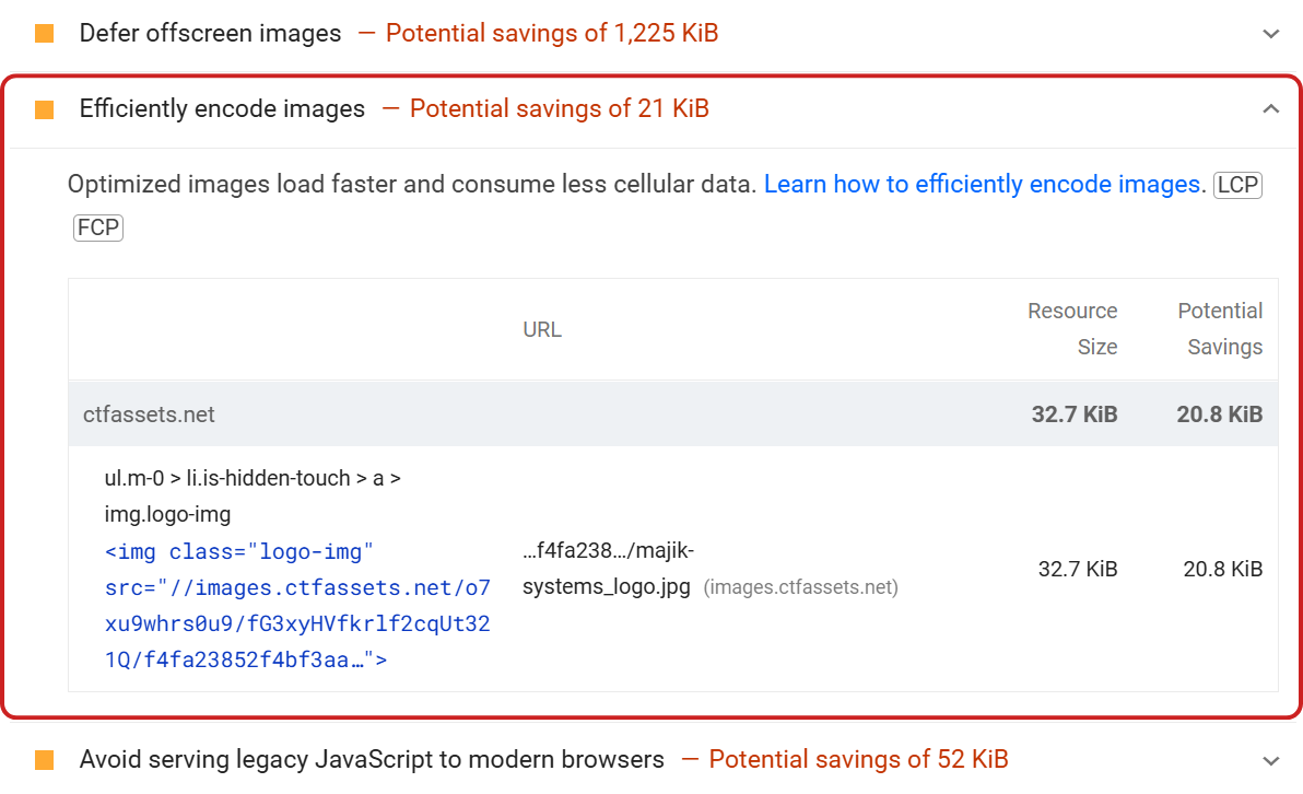 Failed Lighthouse audit with potential savings analysis