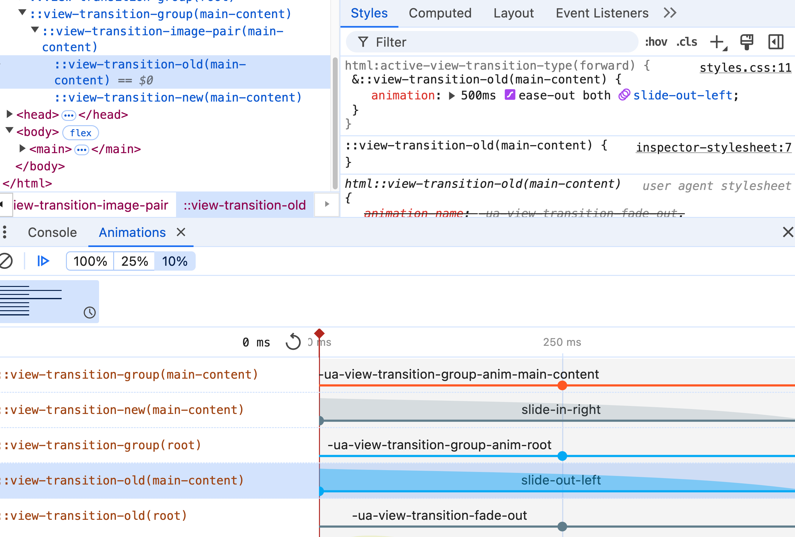 Chrome DevTools View Transition Pseudo Element