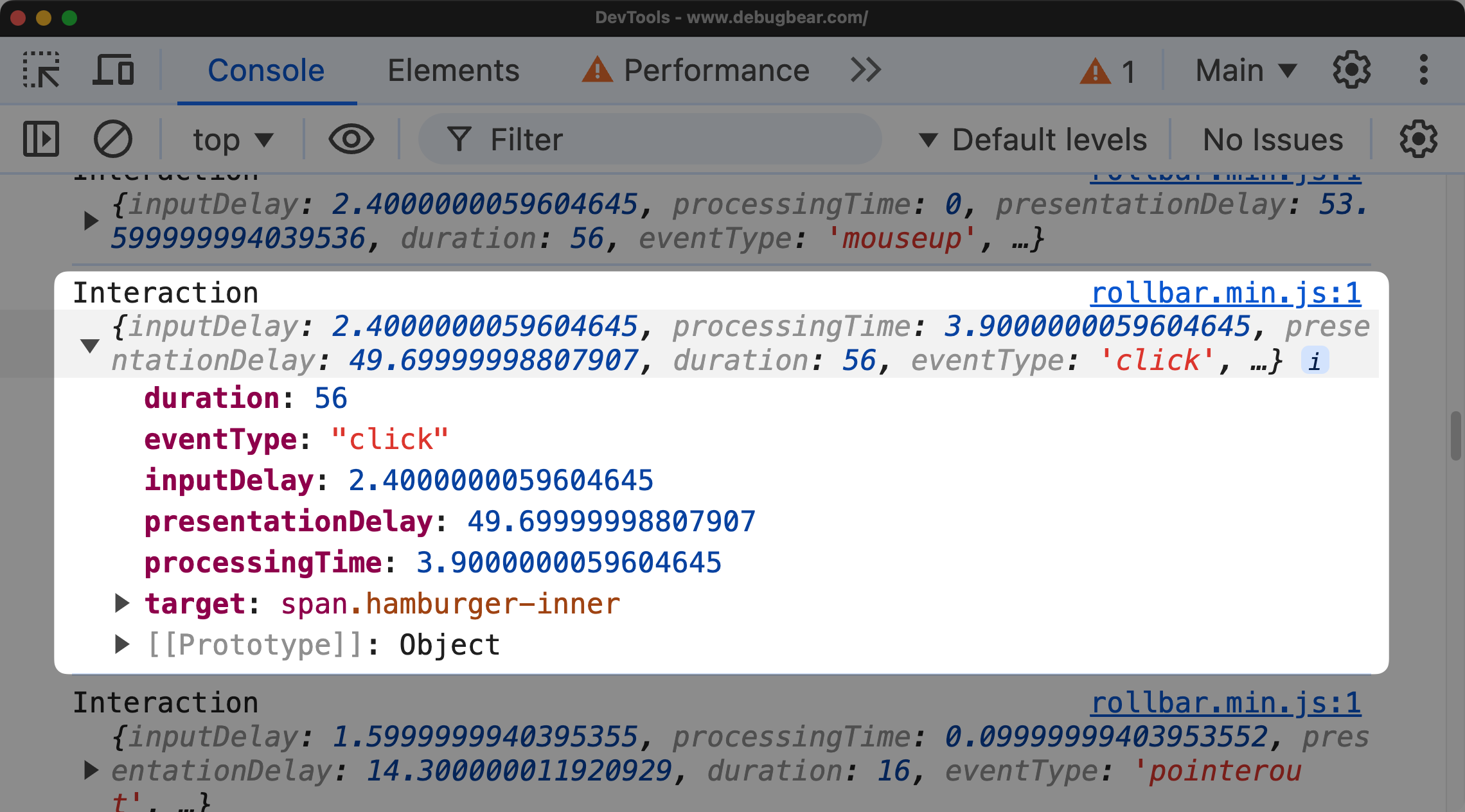 Event Timing API output