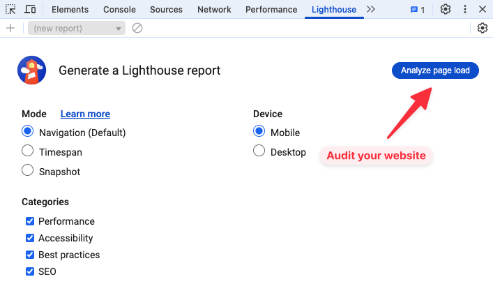 Lighthouse tab in Chrome DevTools