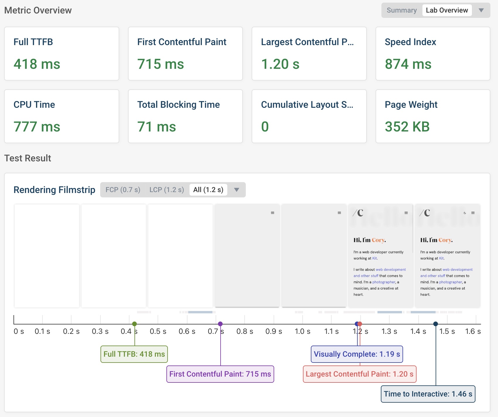 A screenshot of the overview page from DebugBear's website speed test tool.