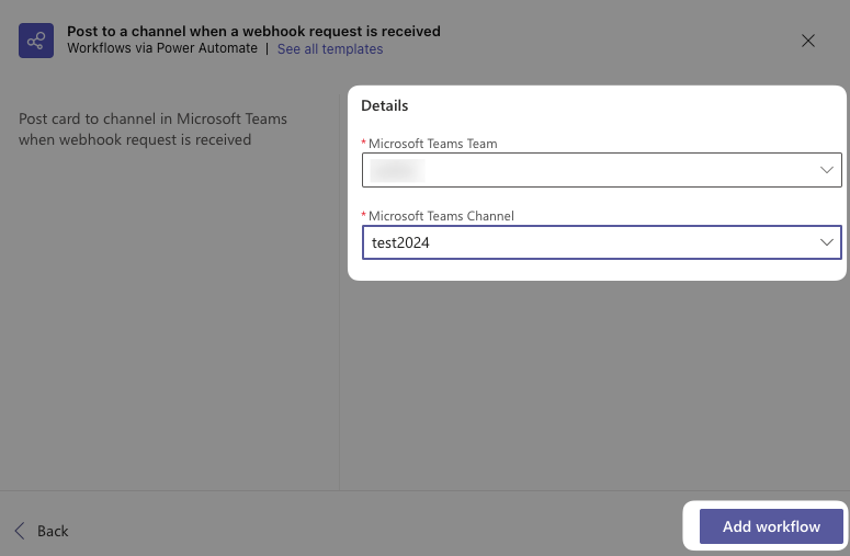 Microsoft Teams webhook setup UI