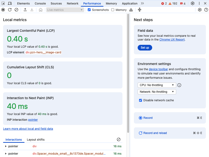 DevTools Performance tab landing page