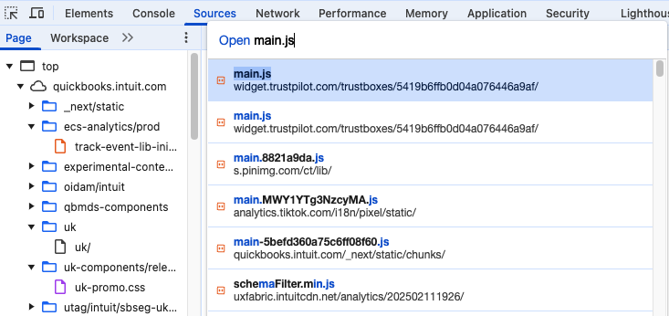 The Open file dropdown in Chrome DevTools