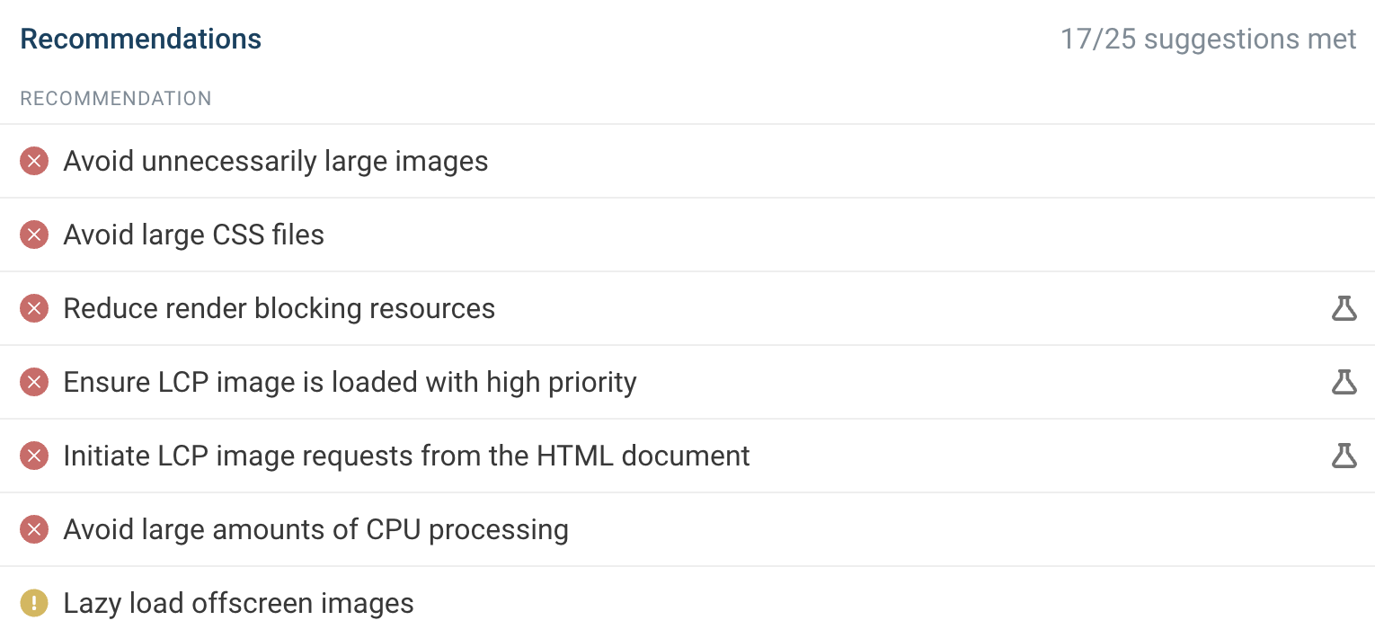 List of page speed recommendations