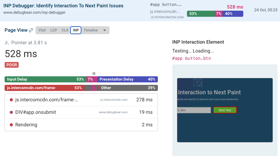 INP Details View in DebugBear