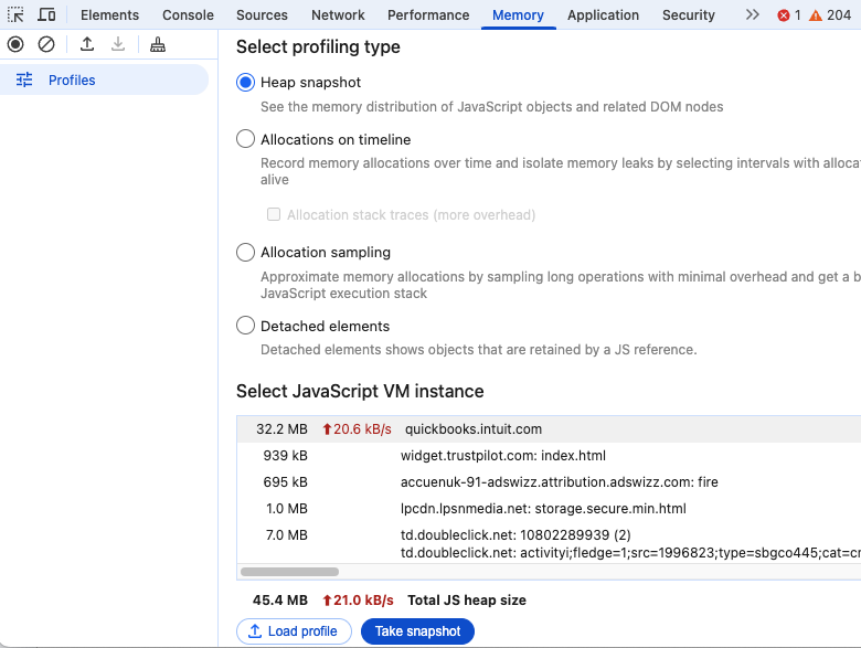 Memory leak landing page in DevTools