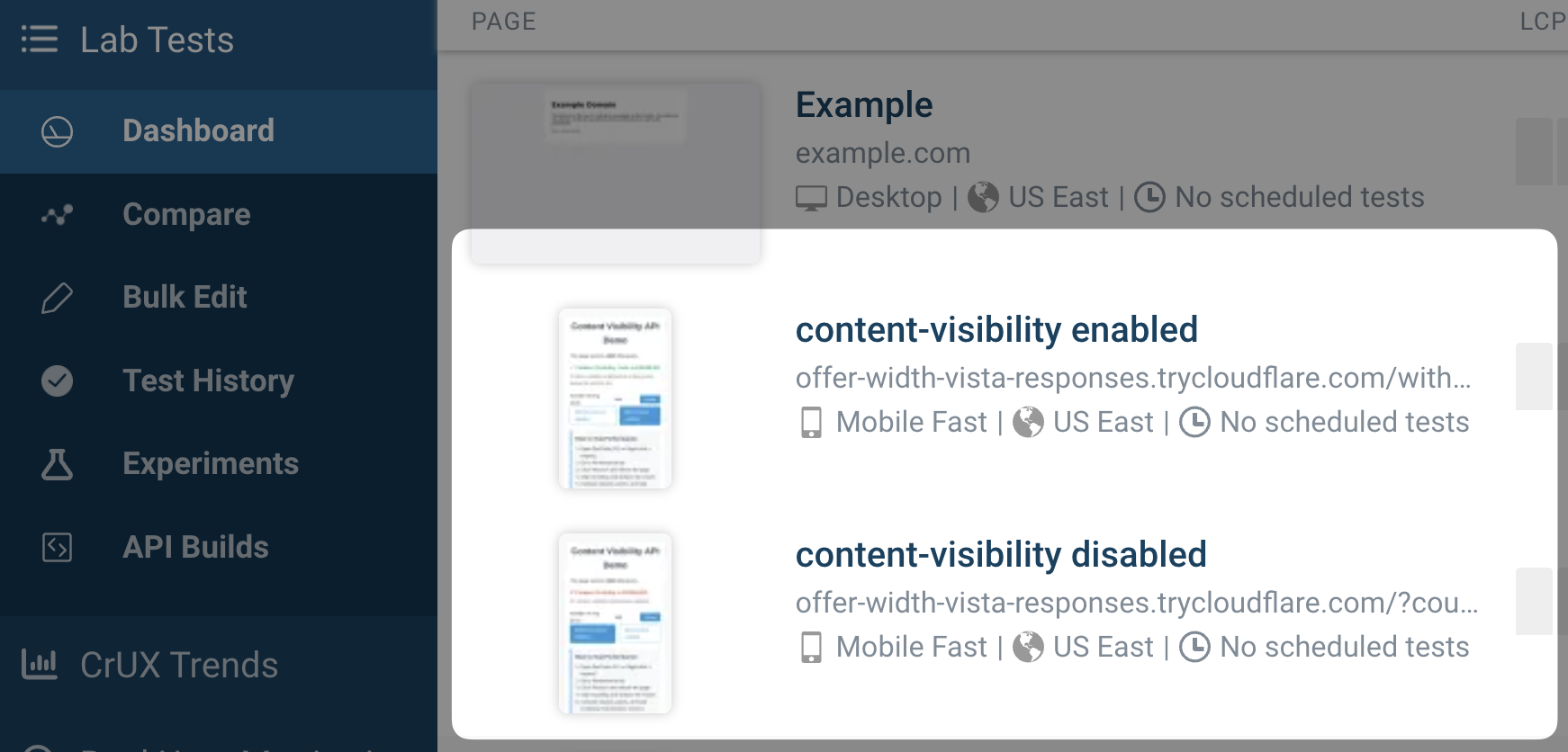 DebugBear test setup for content-visibility