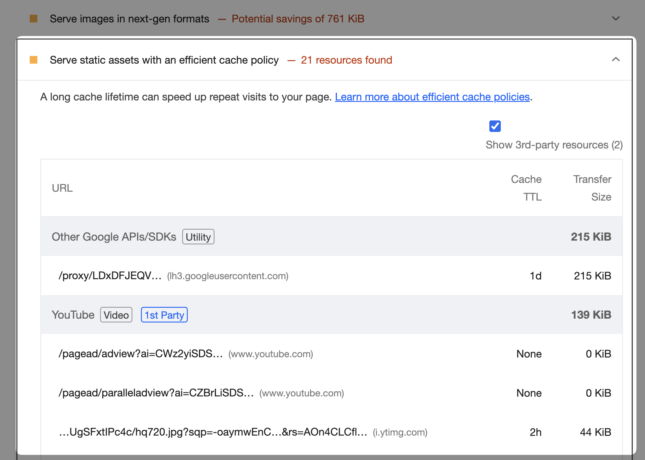 Example of Lighthouse cache policy audit