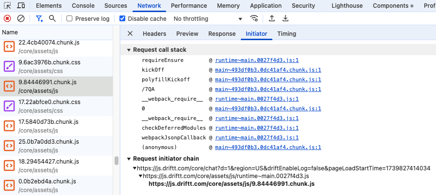 Request call stack in the DevTools initiator tab