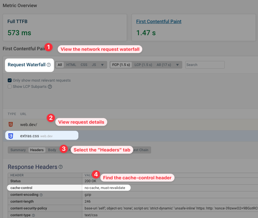 Cache control header in a DebugBear test result