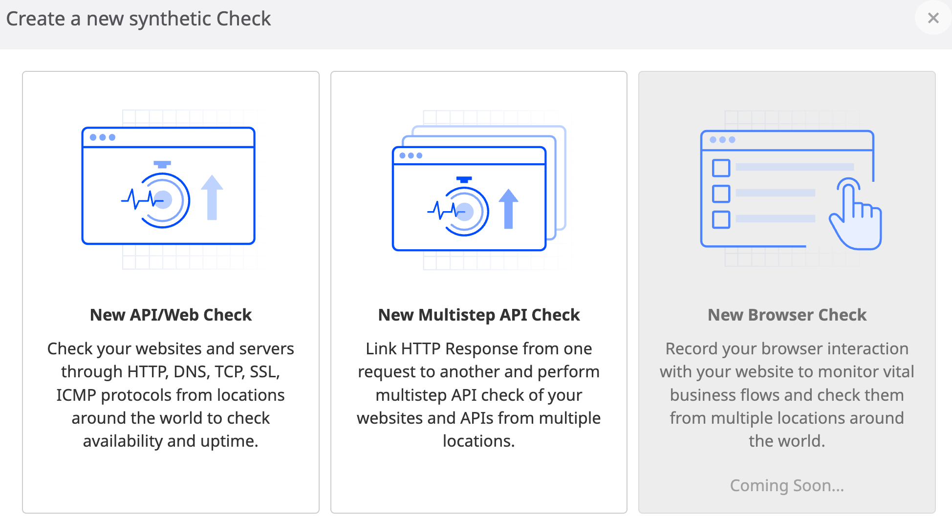 Options when creating a new synthetic check which include an API or web check and a multi-step API check