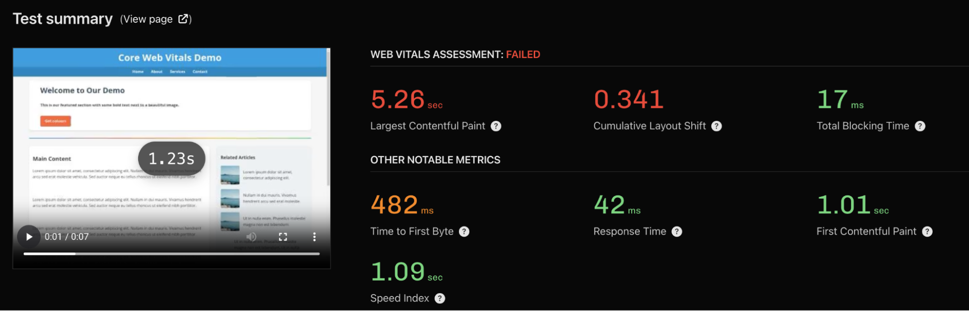 Core Web Vitals metrics shown for a website speed check