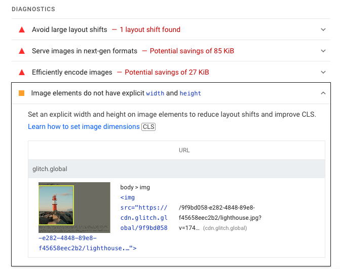 Lighthouse Image elements do not have an explicit width and height audit screenshot