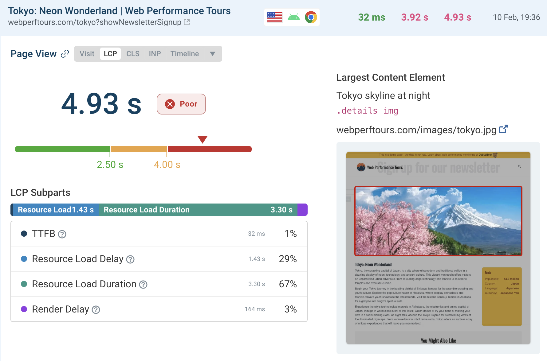 DebugBear user experience with LCP details